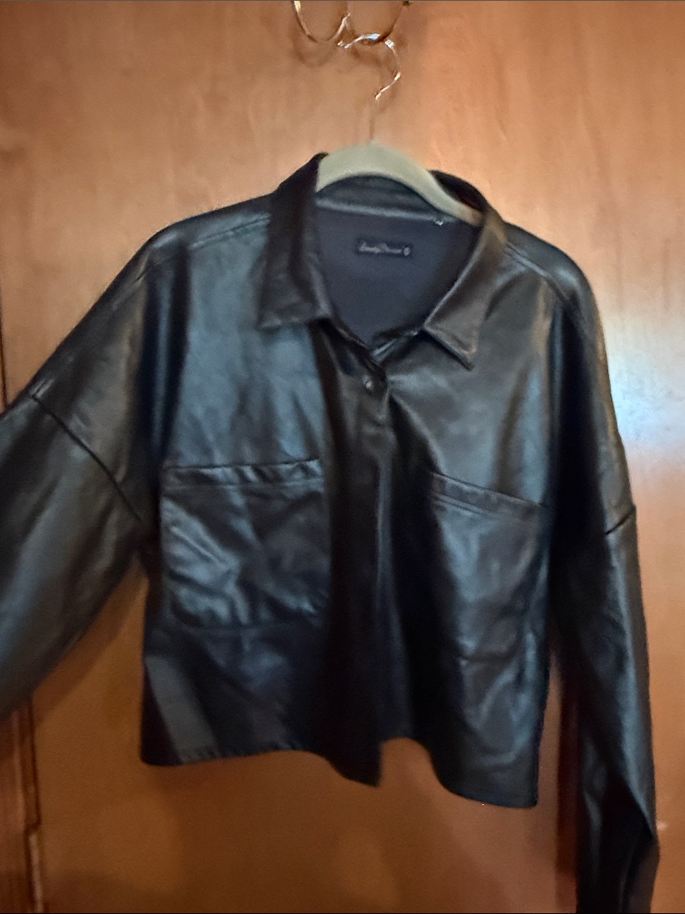 Women's Black Faux Leather Button-Front Jacket - Modern Boxy Fit